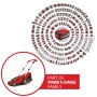 Einhell Akku-Rasenmäher GP-CM 36/450, Teil der Power X-Change Familie. Akku und viele weitere Geräte im Hintergrund.