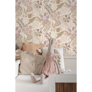 ESTAhome Vliestapete mit beigem und violettem Blumenmuster. Dekorative Wandgestaltung für stilvolle Wohnräume.