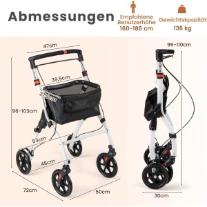 Costway Rollator (Indoor) mit Maßen: Höhenverstellbar, Korb, Tablett. Kompakte Faltkonstruktion.