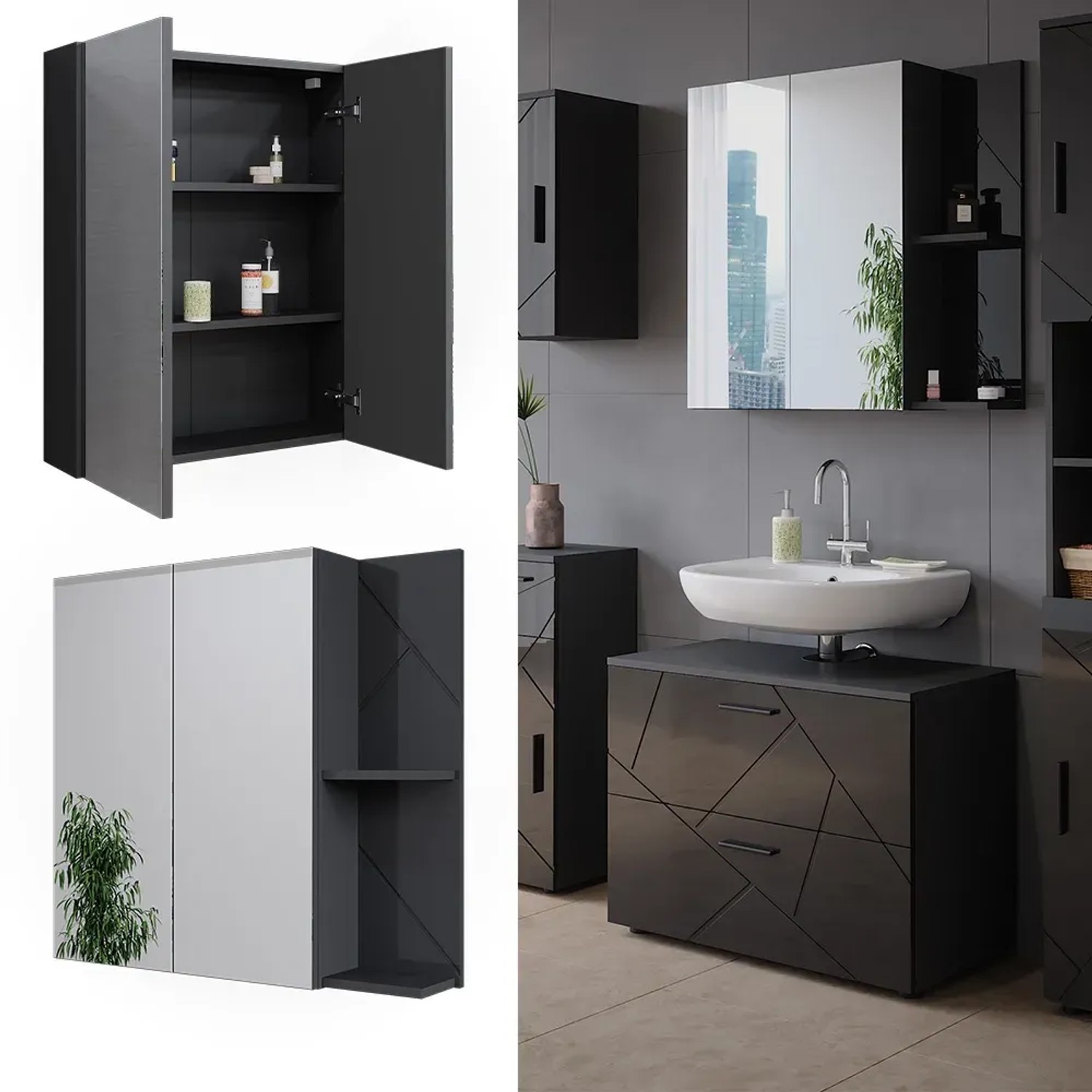 Vicco Badspiegelschrank Irma, anthrazit hochglanz, 80x75 cm, mit offenen Fächern und Spiegeltüren.