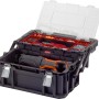 Offene Keter Connect Cantilever Werkzeugbox mit Werkzeug und Kleinteilen. Aufbewahrungsbox mit zwei Etagen.