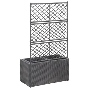 Schwarzes furnicato Hochbeet mit Rankgitter und 2 Töpfen aus Poly Rattan, 58x30x107cm.
