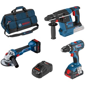 Bosch Professional Akku-Kombi-Kit: Bohrschrauber, Bohrhammer, Winkelschleifer, Akkus und Ladegerät in Tasche.