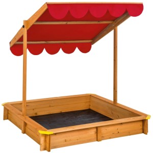 Tectake Sandkasten Emilia aus Holz mit rotem, verstellbarem Dach und Sitzrand.