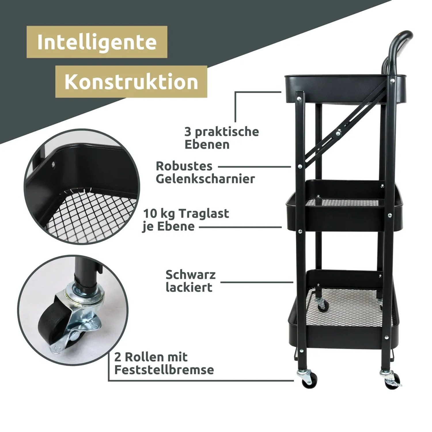 Schwarzer, klappbarer Rollwagen deluxe4home mit 3 Ebenen und Bremsen.