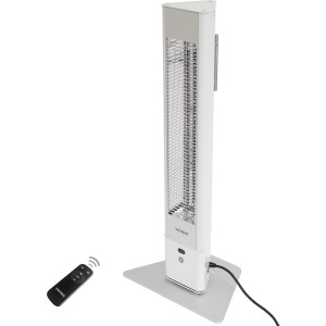 Weißer Vasner HeatTower Infrarot-Heizstrahler mit Fernbedienung für Terrasse & Garten.