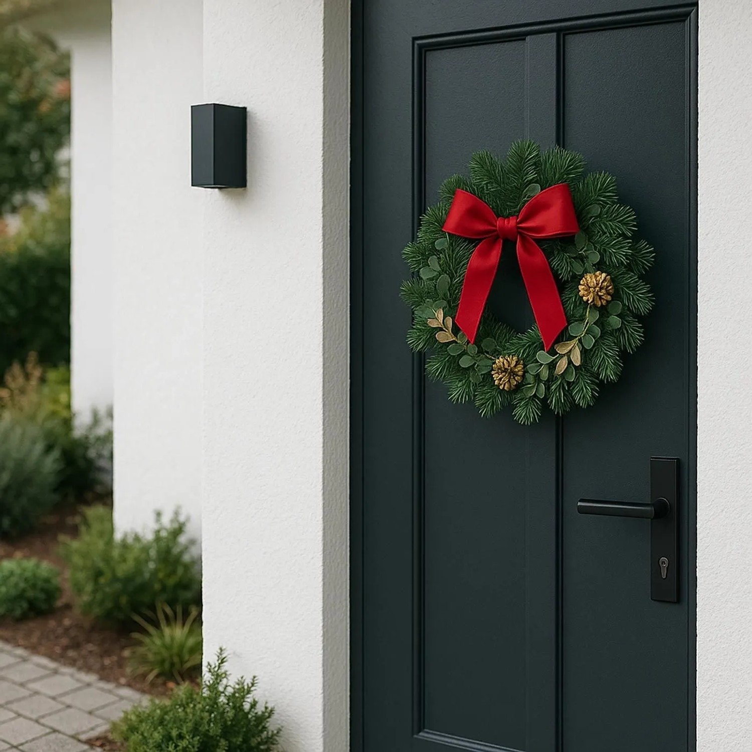 Künstlicher Weihnachtskranz Ø 45cm mit roter Schleife, goldenen Zapfen und Blättern an dunkler Haustür.