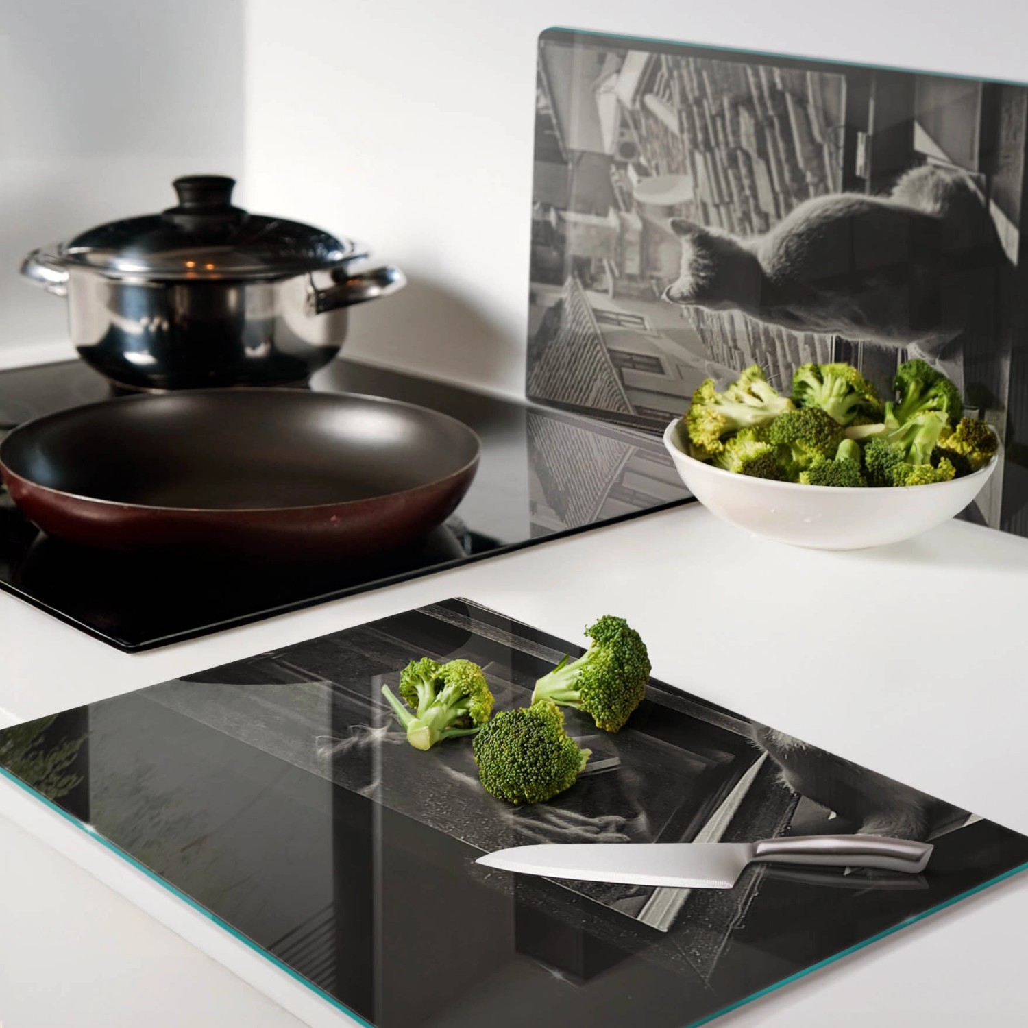 Tulup Herdabdeckplatte SET aus 2 Stück 40x52 cm Schneidebrett aus Glas Schutzplatte Spritzschutz Katzen im Fenster_3