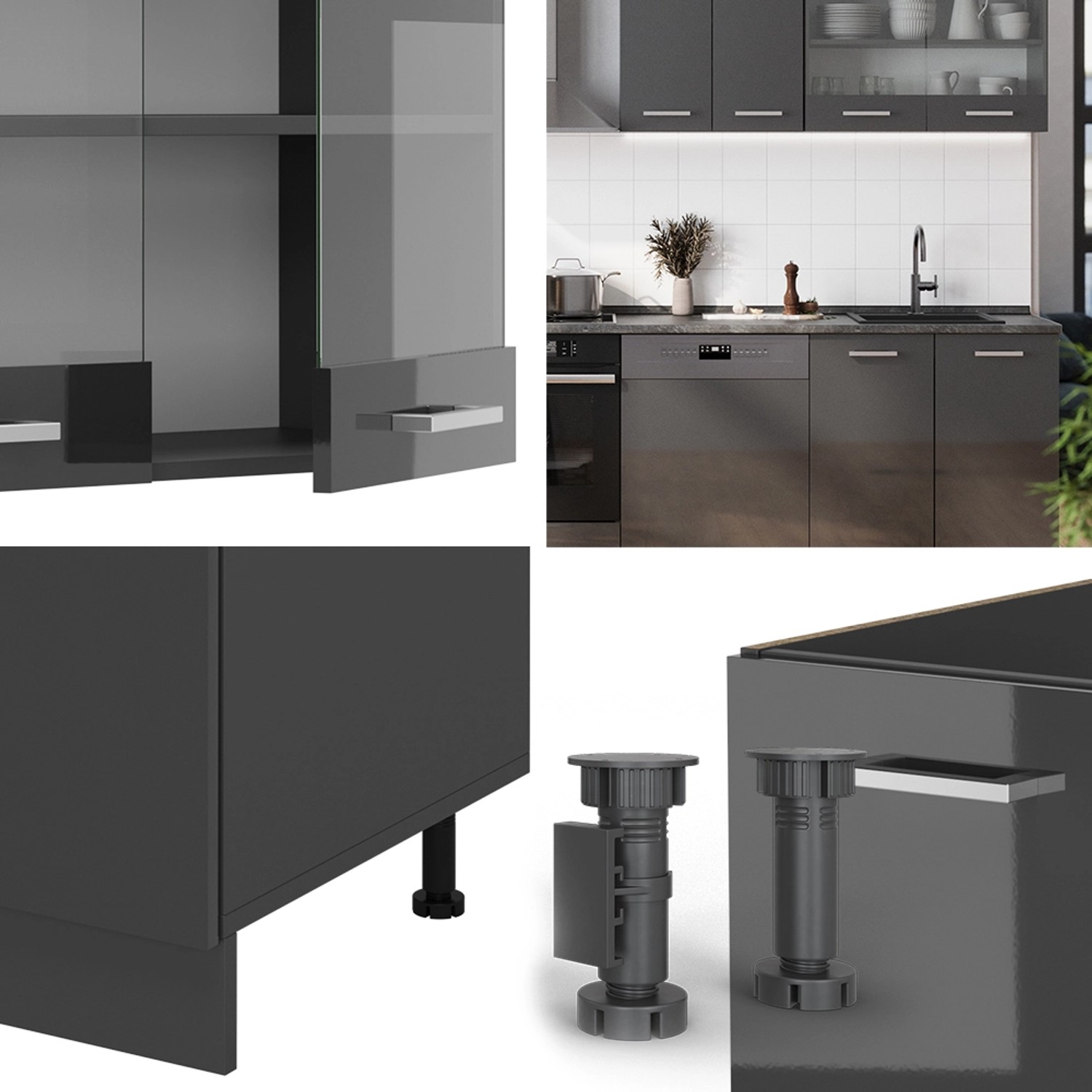 Vicco R-Line Küchenzeile, 300 cm, Anthrazit Hochglanz, ohne Arbeitsplatte.