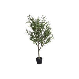 Grüne Kunstpflanze Olivenbaum Huesca mit dunklen Oliven im schwarzen Topf, 120 cm.