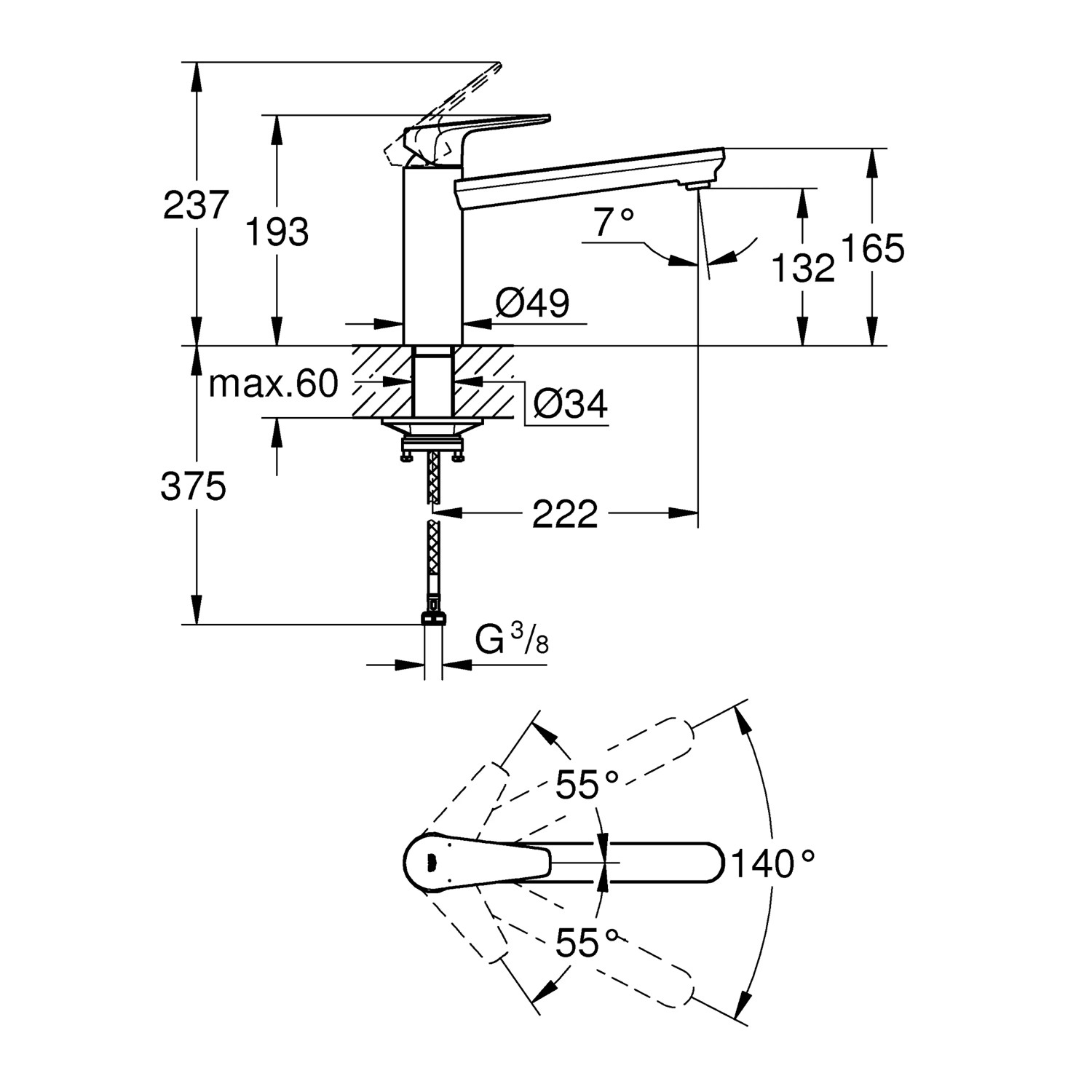 Technische Zeichnung: Grohe QuickFix Einhebel-Spültischarmatur Start Edge Chrom mit Maßen.