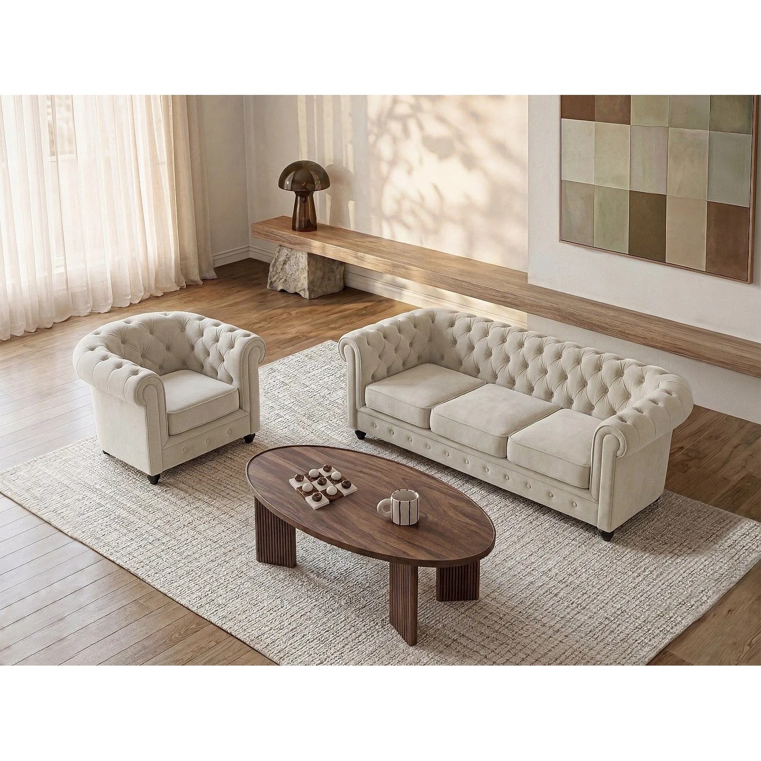 Vente-unique Couchgarnitur Mit Sessel Chesterfield Beige 82 cm  205 cm