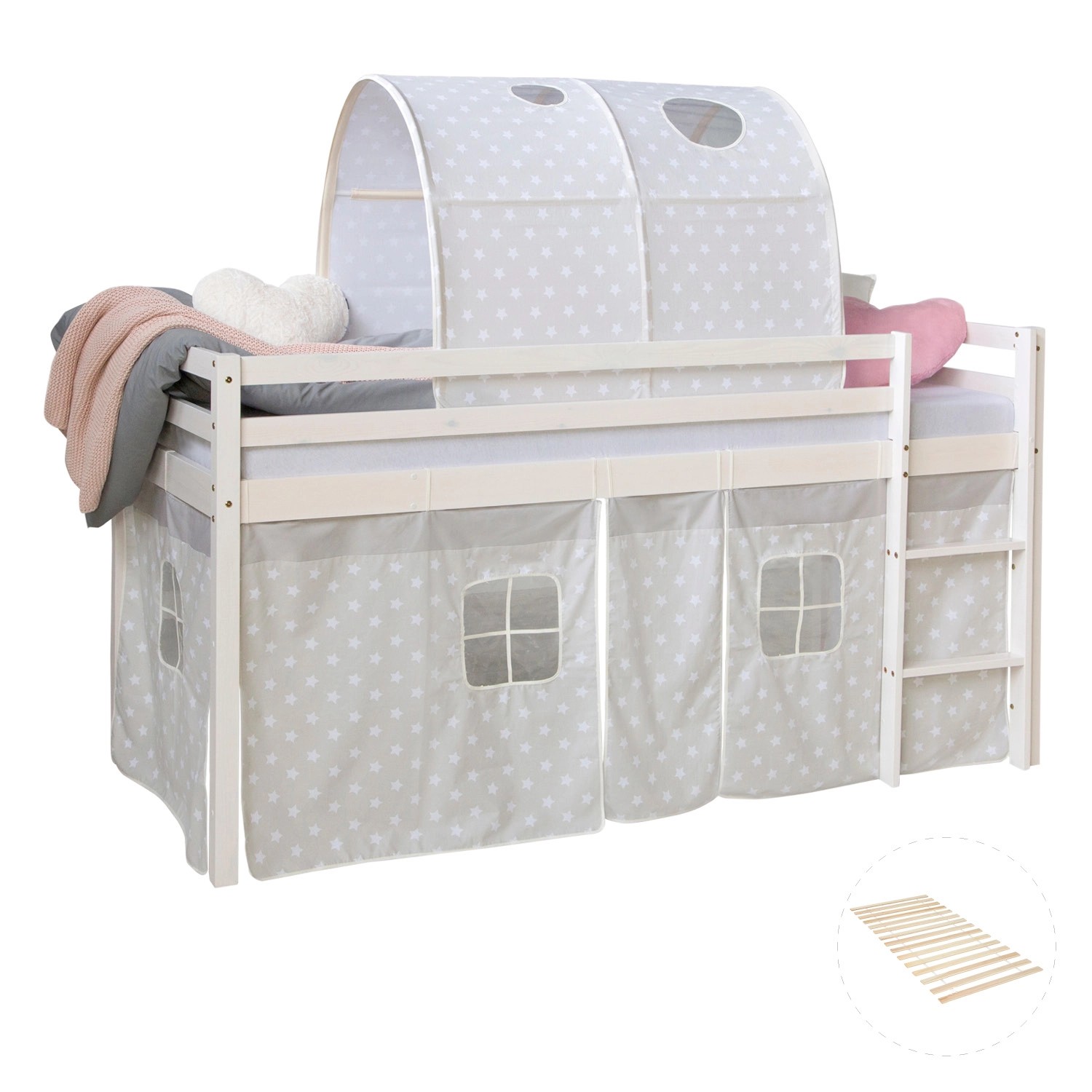 Homestyle4u Hochbett 90x200 Weiß mit Lattenrost und Tunnel 2766 günstig online kaufen