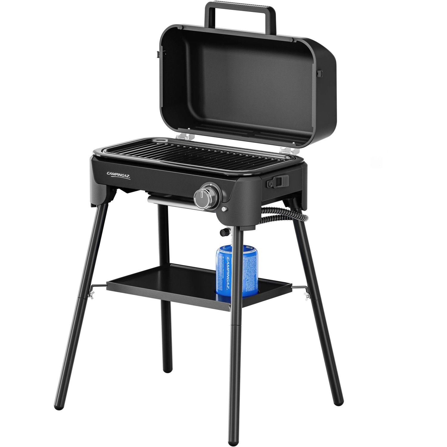 Campingaz Gasgrill Tour & Grill CV Plus mit Stahldeckel und Kartusche auf Ablage.