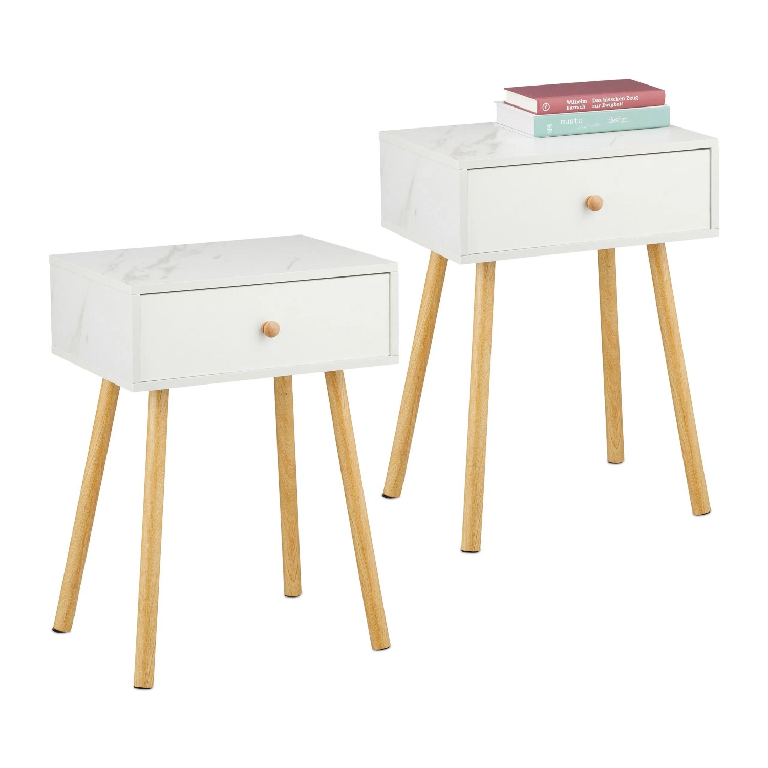 Relaxdays Nachttisch 2er Set MDF Kiefernholz Weiß Grau Natur Schublade 55 cm x 40 cm x 32 cm 4,8 kg