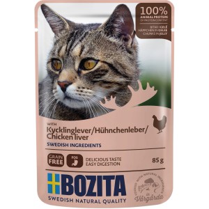Bozita Katzen-Nassfutter Hühnchenleber im Gelee, 85g Beutel mit Katzenmotiv.