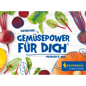 Kiepenkerl Superfood Set Gemüsepower: Kürbis, Mangold, Rote Bete auf hellem Holzgrund.