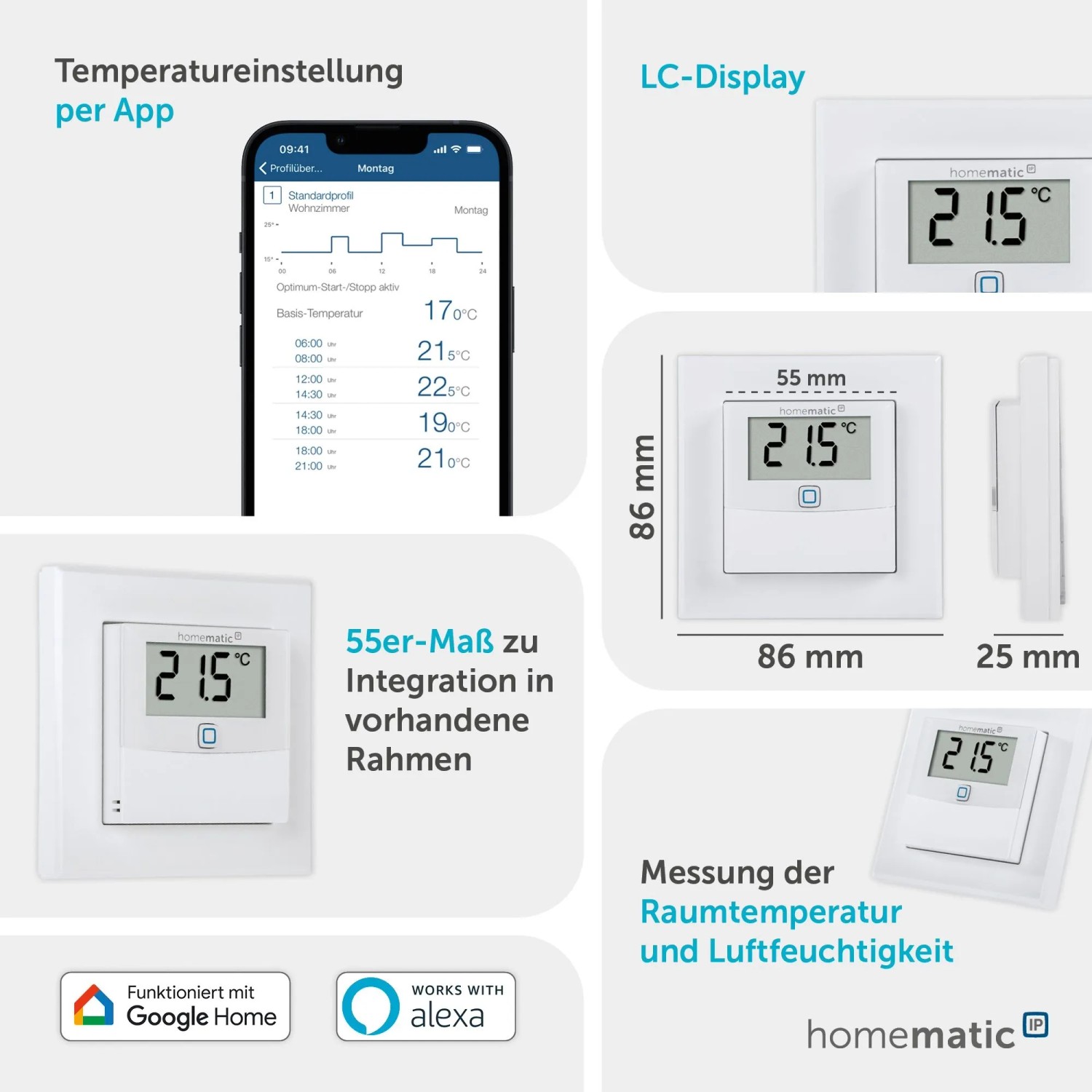 Homematic IP Temperatur- und Luftfeuchtigkeitssensor mit Display für die Hausautomation.