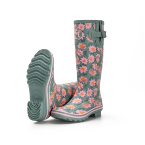 Grüne Rouchette Gummistiefel mit pink-orangem Gänseblümchenmuster, Größe 36. Profilsohle für Gartenbekleidung.