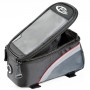 Offene, wasserabweisende Tectake Fahrradtasche mit Rahmenbefestigung in Schwarz, Grau und Rot.
