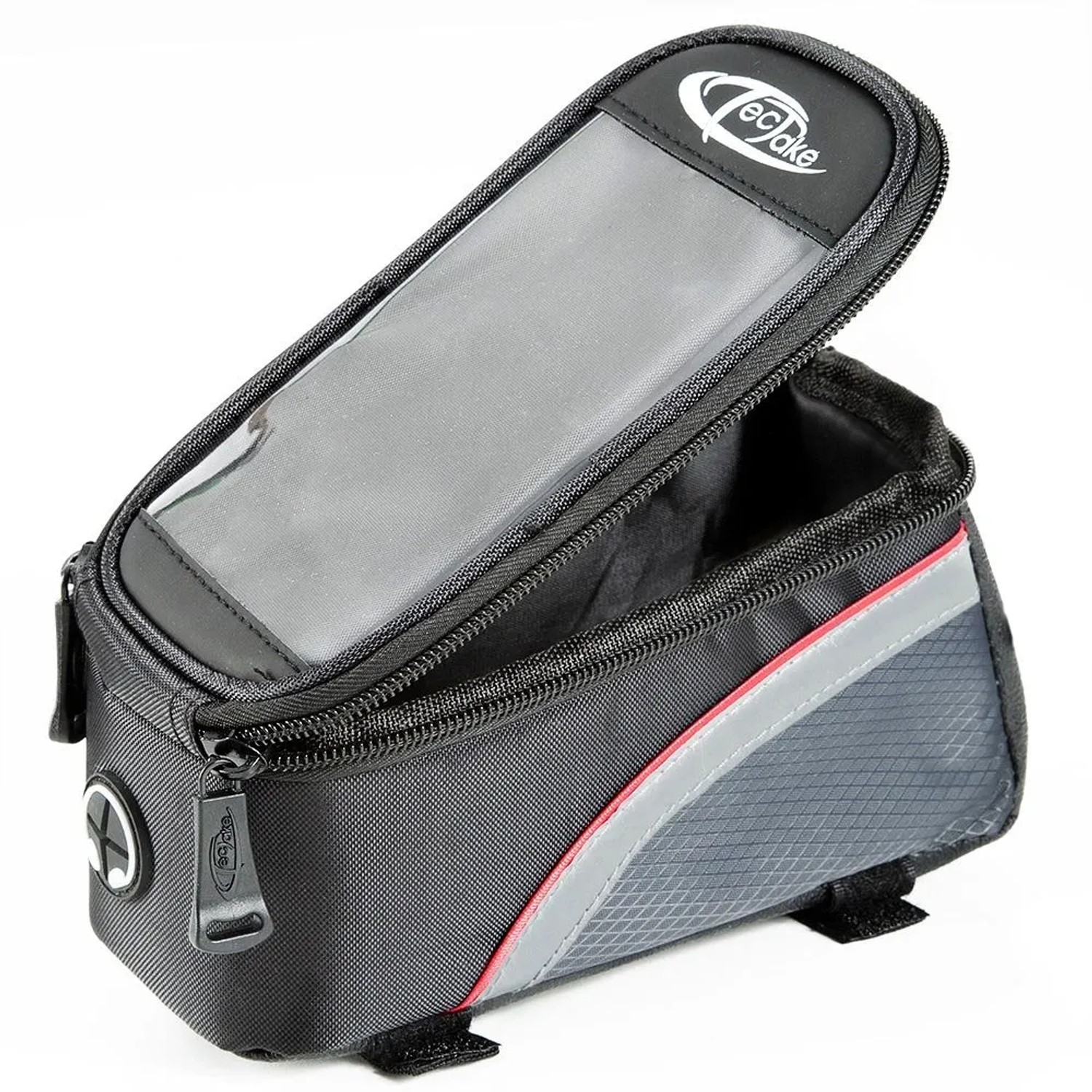 Offene, wasserabweisende Tectake Fahrradtasche mit Rahmenbefestigung in Schwarz, Grau und Rot.