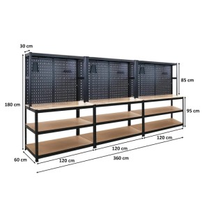 PROREGAL Werkbank Set mit Lochwand, 180x120x60cm, schwarz. Werkstatteinrichtung für Profis.