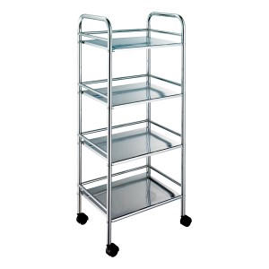 Verchromter Badwagen mit 4 Ablagen und Rollen für Badutensilien.