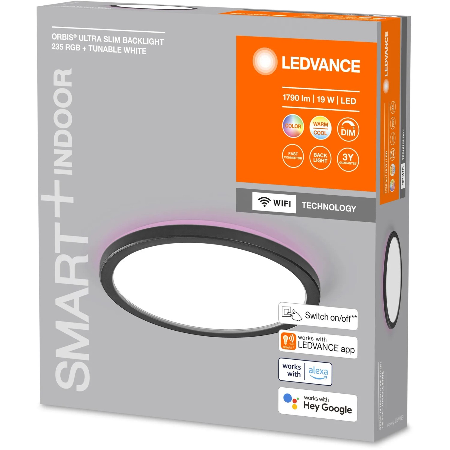 Verpackung der Ledvance Smart+ LED-Deckenleuchte Orbis Ultra Slim, schwarz, mit Rücklicht und WiFi.