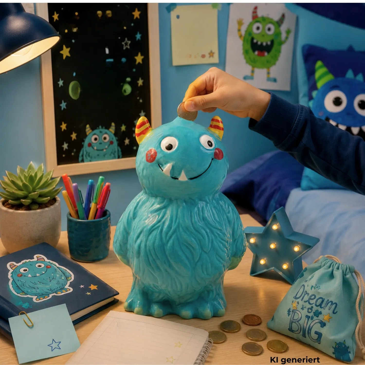 Dekohelden24 Sparfigur Spartier Spardose Sparbüchse Kinderspardose Sparschwein als Monster in Blau aus Keramik L/B/H 11 x 11 x 17 cm_2