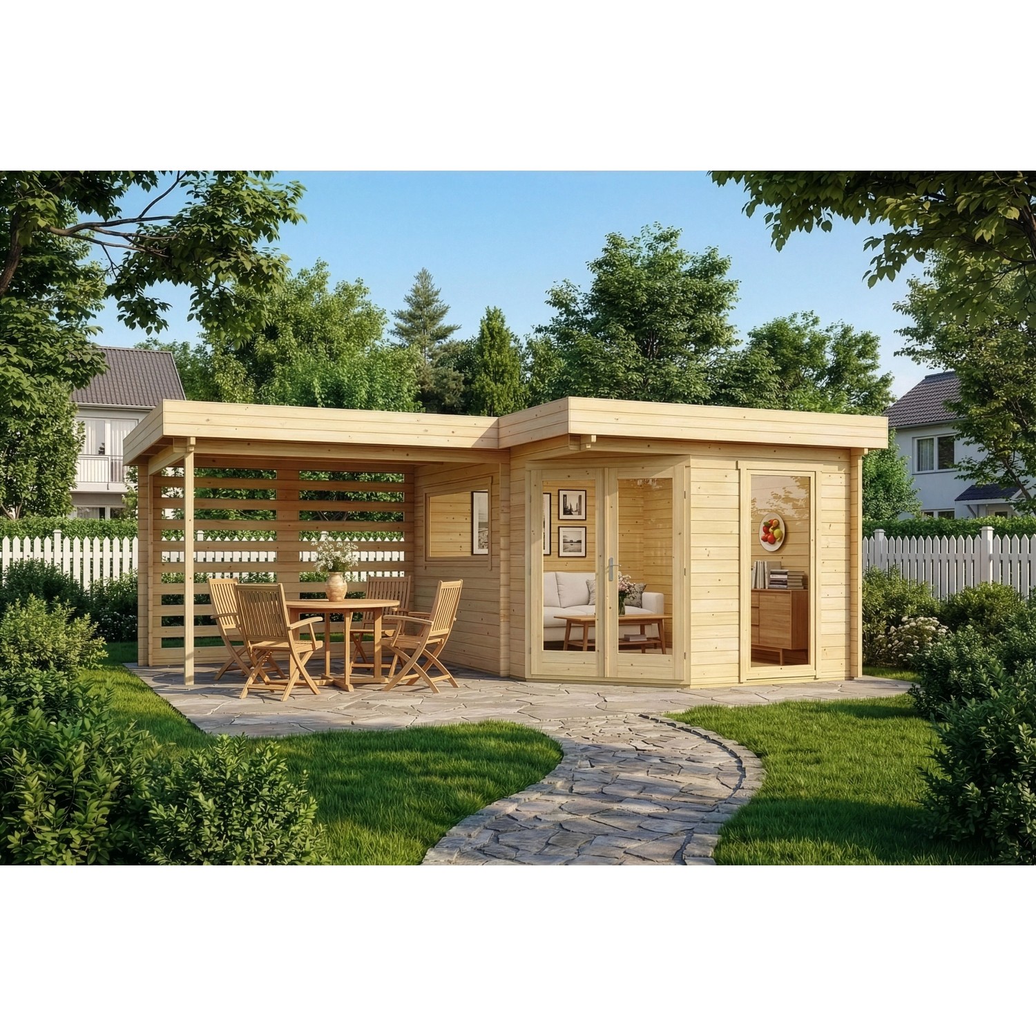 Alpholz 5-Eck Holz-Gartenhaus Pepe Optima 618x462cm Naturbelassen 34mm Wandstärke