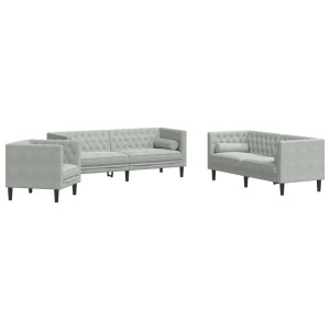 Hellgraues 3-tlg. Chesterfield Sofa-Set aus Samt mit Sessel, 2-Sitzer und 3-Sitzer Sofa.