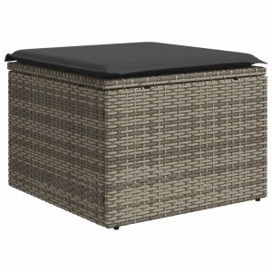 Grauer VidaXL Gartenhocker aus Poly Rattan mit dunklem Kissen, 55x55x37 cm.