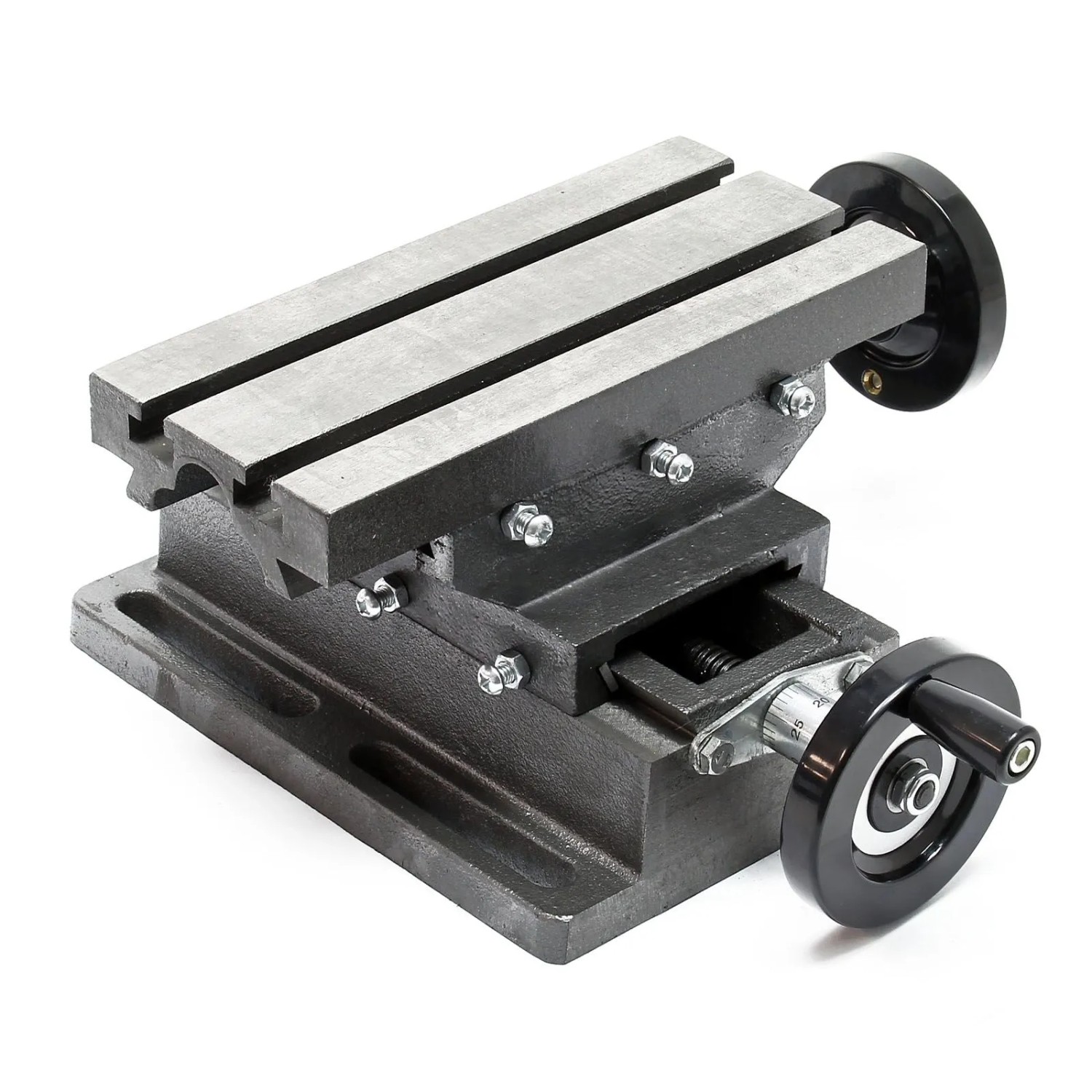 Robuster Wiltec 2-Achsen Kreuztisch aus Gusseisen mit T-Nuten und Handrädern für präzise Fräsarbeiten.
