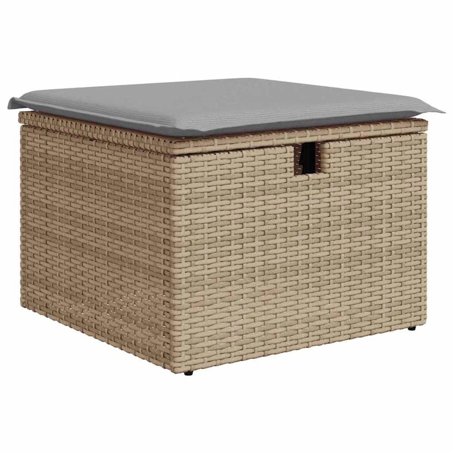 Beiger Poly Rattan Hocker mit grauem Kissen und Stauraum, Teil des vidaXL Garten-Sofa-Sets.