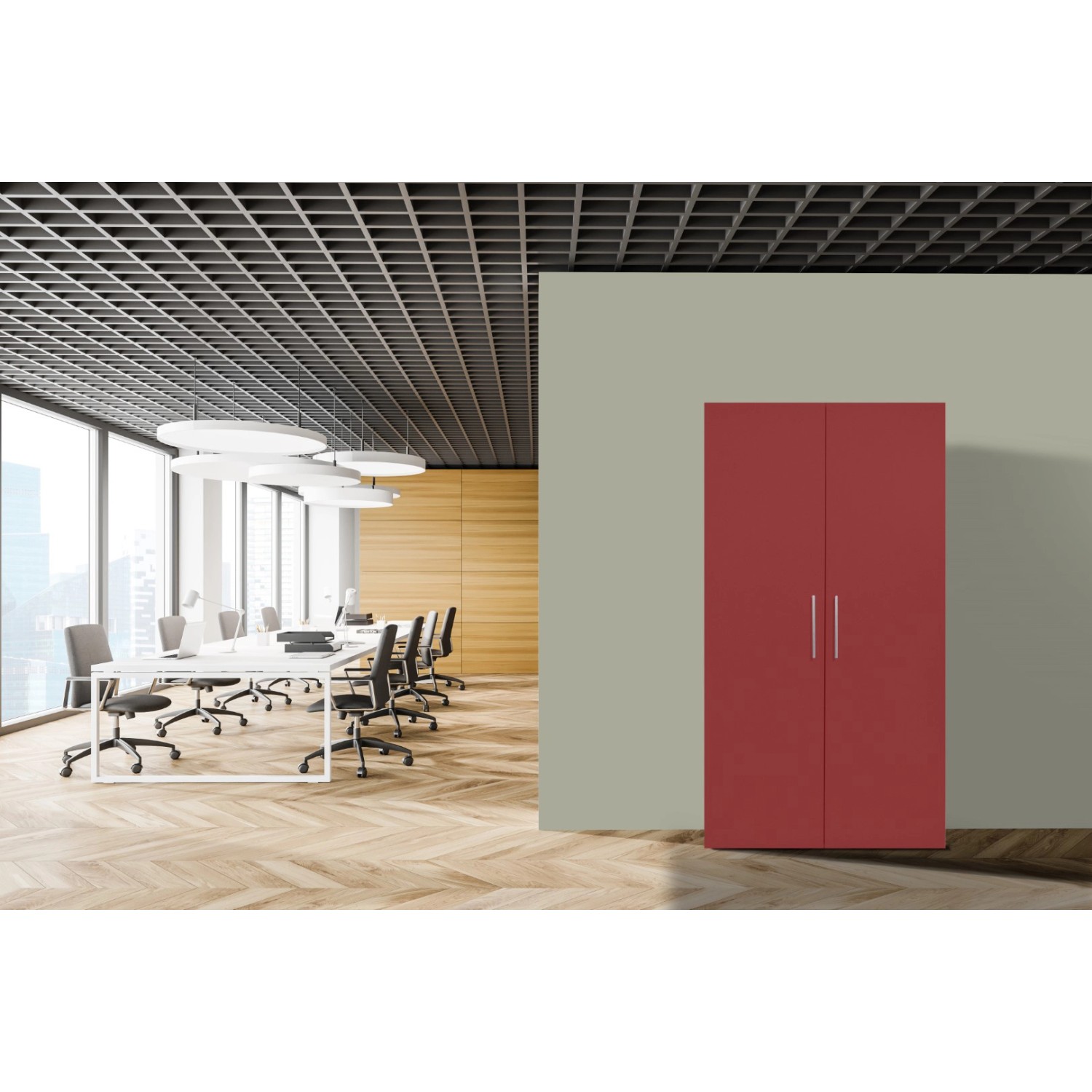 Respekta Schrankküche SKWGMIC in Grau-Weiß, geschlossen, im Büroraum. Kompakte Miniküche für Singlewohnungen.