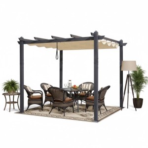 Dunkelgraue Aluminium Pergola mit beigem Schiebedach. Robuster Pavillon für Garten & Terrasse, Sonnenschutz.