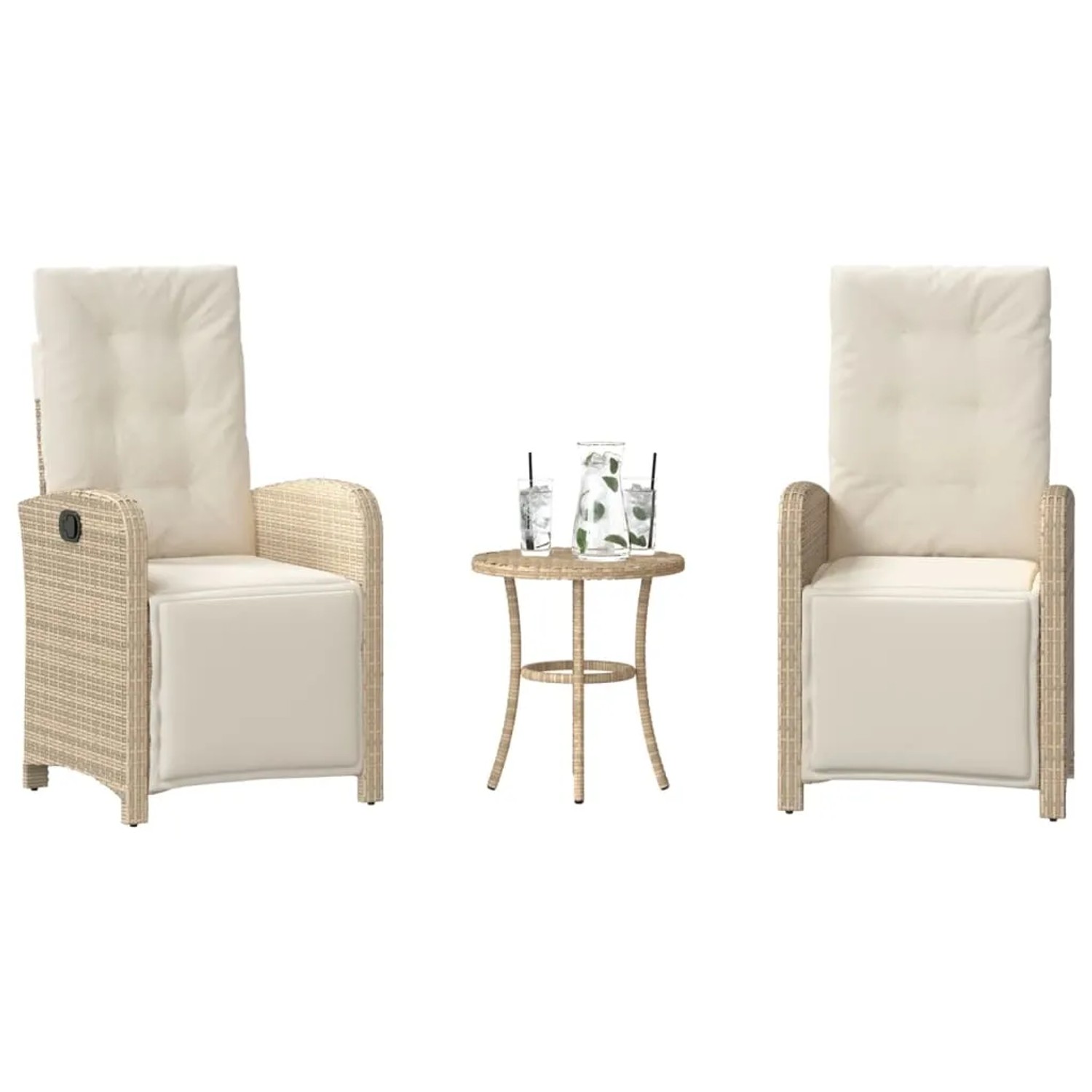 Beiges 3-tlg. vidaXL Bistro-Set aus Polyrattan mit Kissen für Garten, Terrasse oder Balkon.