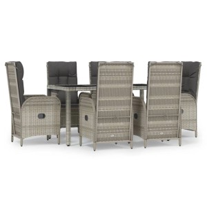 7-tlg. Garten-Essgruppe vidaXL aus grauem Poly Rattan mit Tisch und verstellbaren Stühlen mit Kissen.