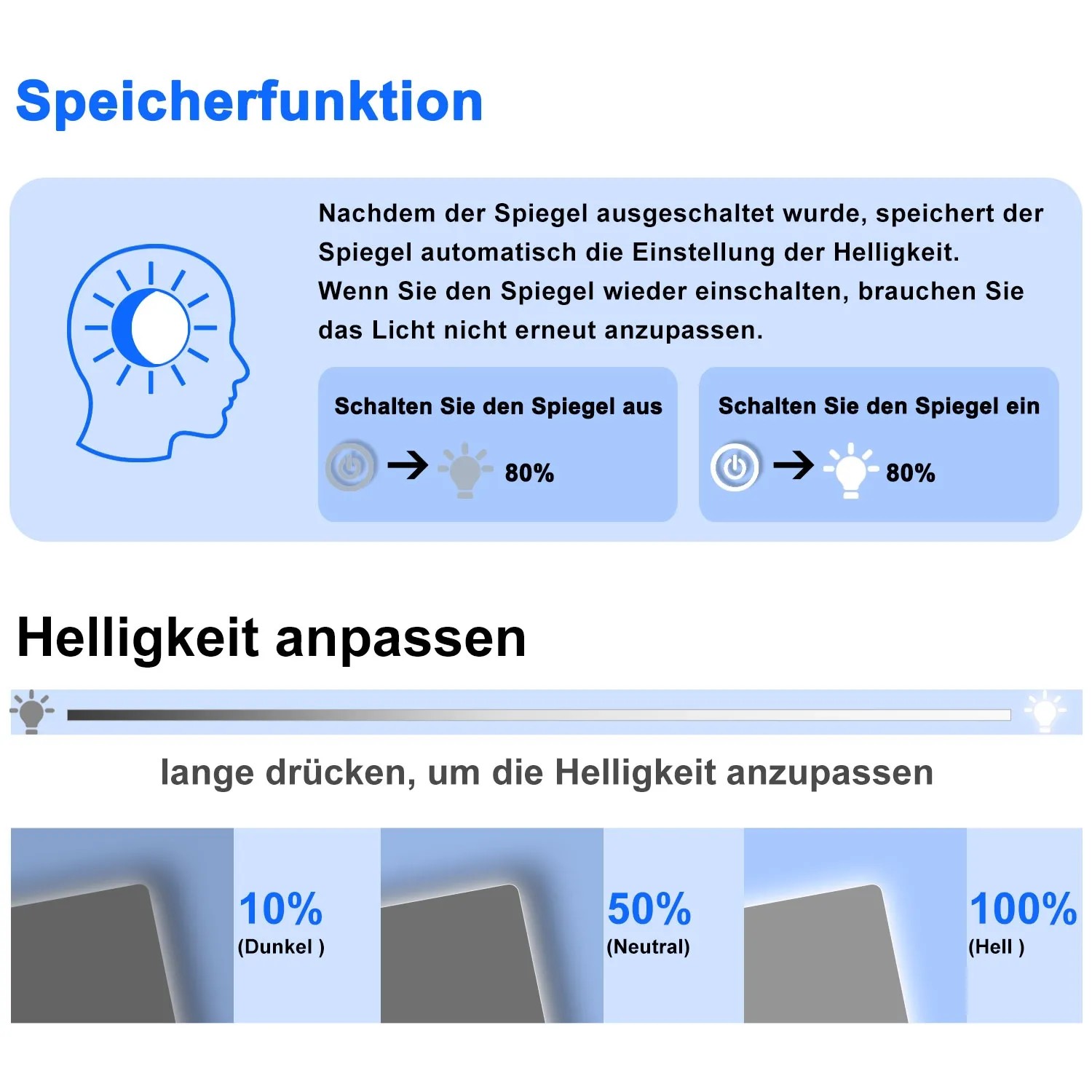 Anzeige: Badspiegel mit Memory-Funktion und Helligkeitsanpassung.