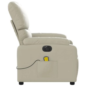 Elektrischer Massagesessel in Creme Kunstleder mit Fernbedienung und Seitentasche.