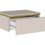 Beiger hängender Nachttisch Vukia mit goldfarbener Zierleiste und offener Schublade. Modernes Design, 48.5 cm breit.
