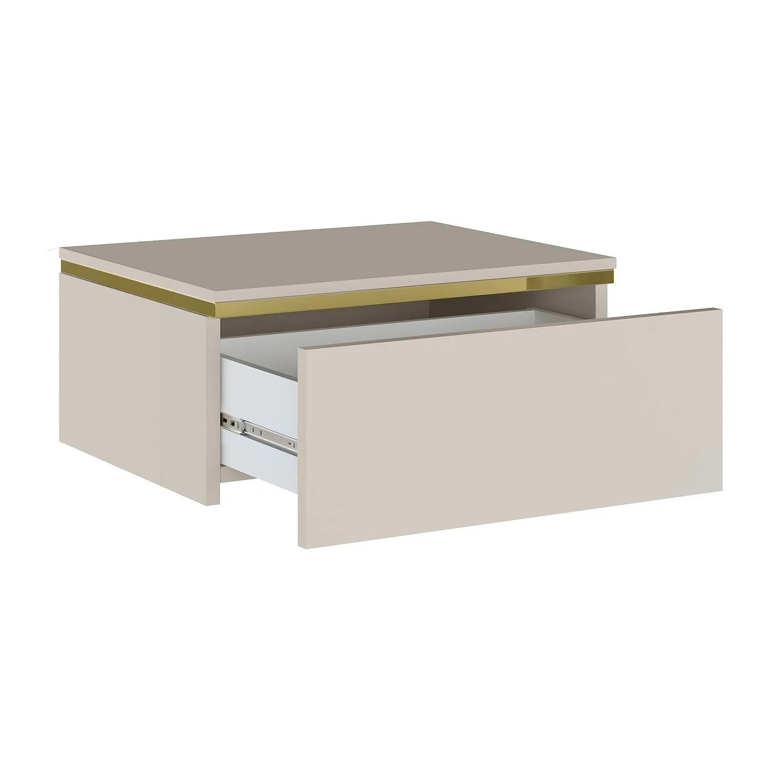 Beiger hängender Nachttisch Vukia mit goldfarbener Zierleiste und offener Schublade. Modernes Design, 48.5 cm breit.
