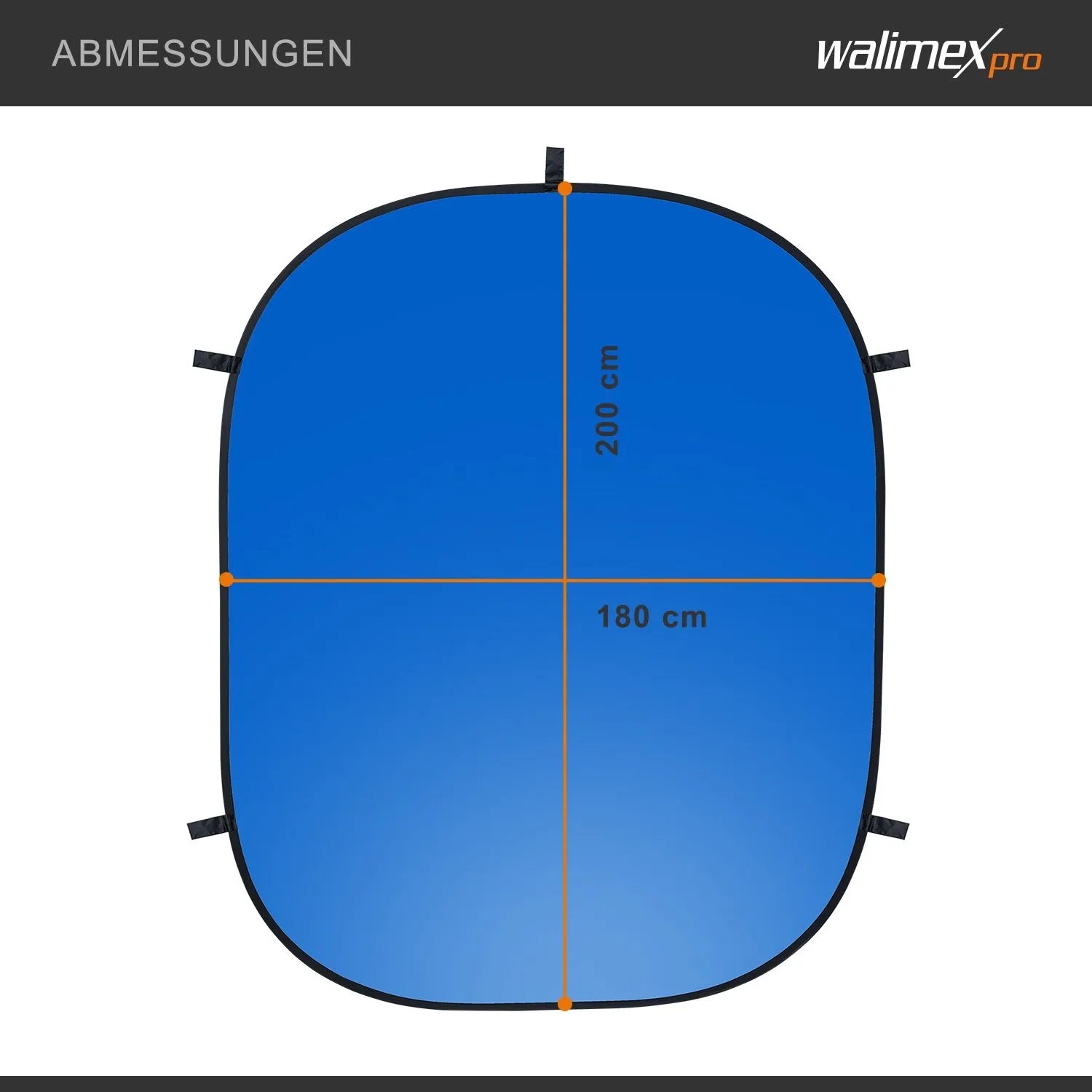 Walimex Pro Falthintergrund 180x200cm, blau, mit eingezeichneten Abmessungen für Fotostudio.