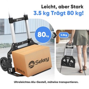 Sekey Sackkarre Alu Handwagen Transportkarre Klappbar Handkarre bis 80kg Tragfähigkeit 3-stufig Höhenverstellbar Klappkarre Faltbar in Sekunden