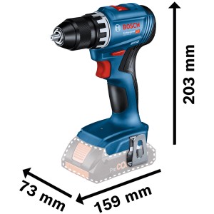 Bosch Professional Akku-Bohrschrauber GSR 18V-45 solo in L-Boxx, blau, mit Abmessungen.