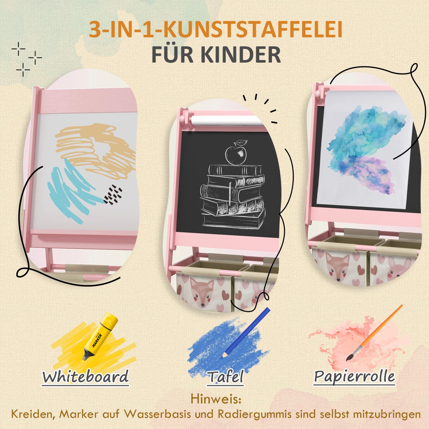 AIYAPLAY Kindertafel 3 in 1 mit Whiteboard, Kreidetafel und Papierrolle. Staffelei mit Aufbewahrungskörben.