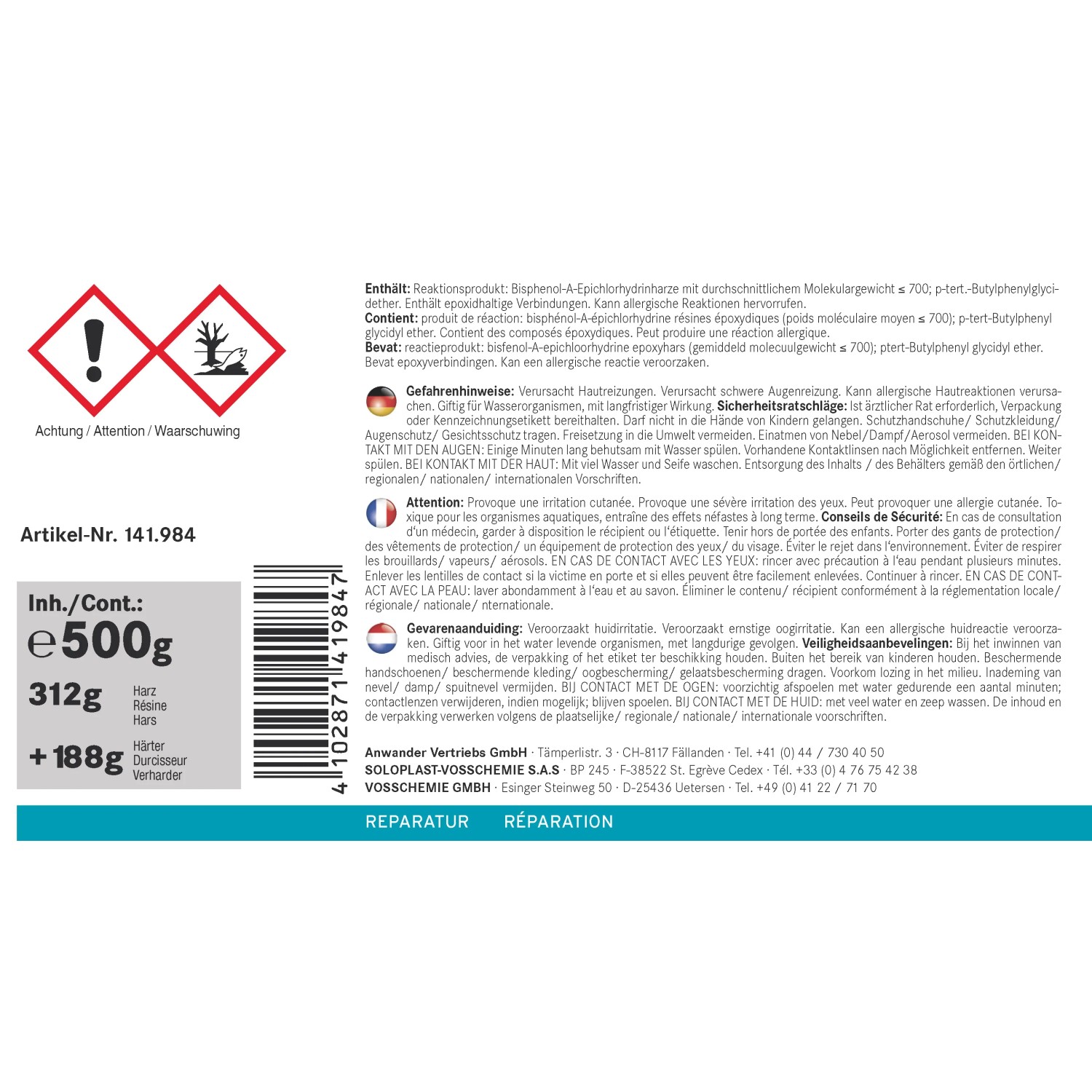 Verpackung Epoxidharz mit Warnhinweisen und Inhaltsangabe.