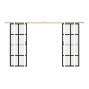 Schwarze Doppel-Schiebetür aus Glas im Industrial-Stil, 93 cm breit, mit Holz-Schienensystem.