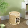 Khaki PawHut Kratztonne: Kratzbaum mit Liegefläche und Sisal, Katze schaut aus der Öffnung.