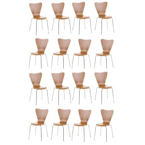 Set aus 16 Calisto Konferenzstühlen in Eiche. Holzsitze und Rückenlehnen, Metallgestelle in Chromoptik. Ideal für Esszimmer.